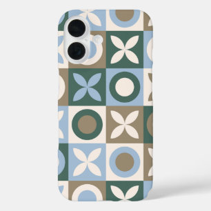 Blauw en bruin geometrisch tegel mozaïekpatroon iPhone 16 hoesje