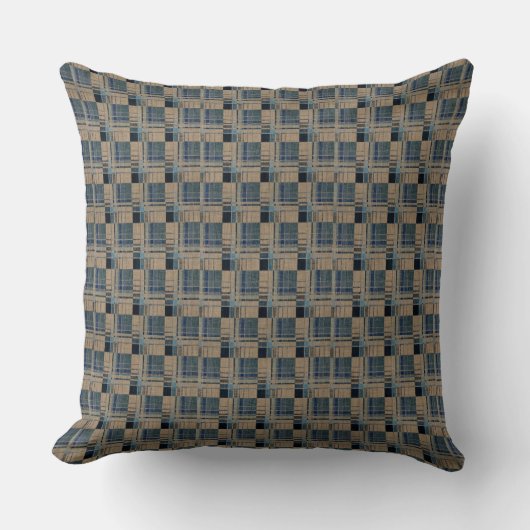 Blauw en bruin geweven mandworp kussen 50 x 50 cm (Voorkant)