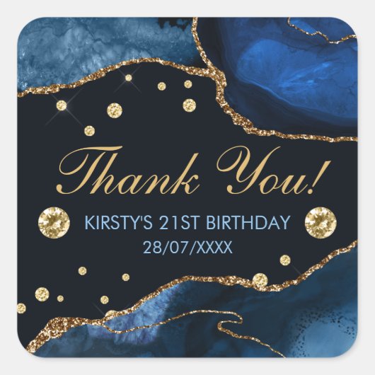 Blauw en bruin goud Glitter Agate Birthday Vierkante Sticker (Voorkant)