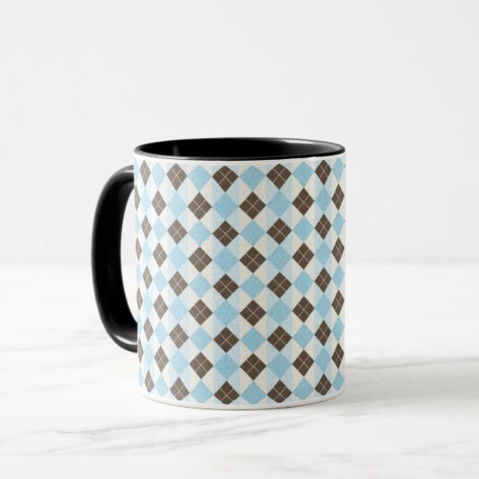 Blauw en bruin klassiek argyle-patroon mok (Voorkant links)