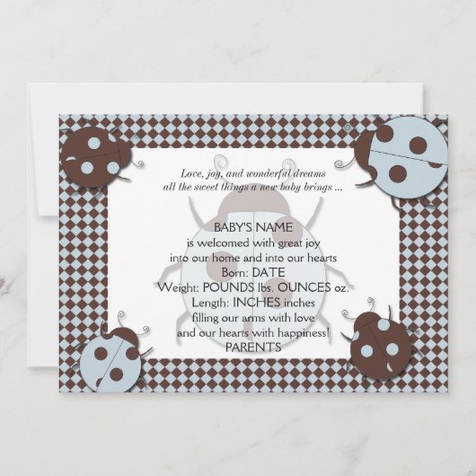 Blauw en Bruin Ladybug Baby Aankondiging (Voorkant)