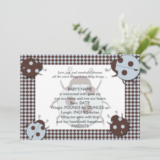 Blauw en Bruin Ladybug Baby Aankondiging (Staand voorkant)