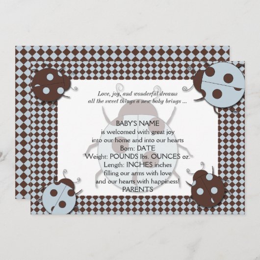 Blauw en Bruin Ladybug Baby Aankondiging (Voorkant / Achterkant)