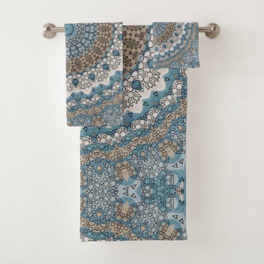 Blauw en bruin mandala ingewikkeld geometrisch pat bad handdoek (Insitu)