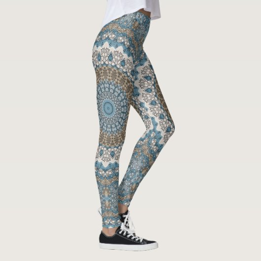 Blauw en bruin mandala ingewikkeld geometrisch pat leggings (Rechts)
