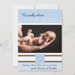 Blauw en Bruin Monogram Jongen Baby Aankondiging