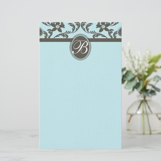 Blauw en Bruin Paisley Bloemmonogram Briefpapier (Staand voorkant)