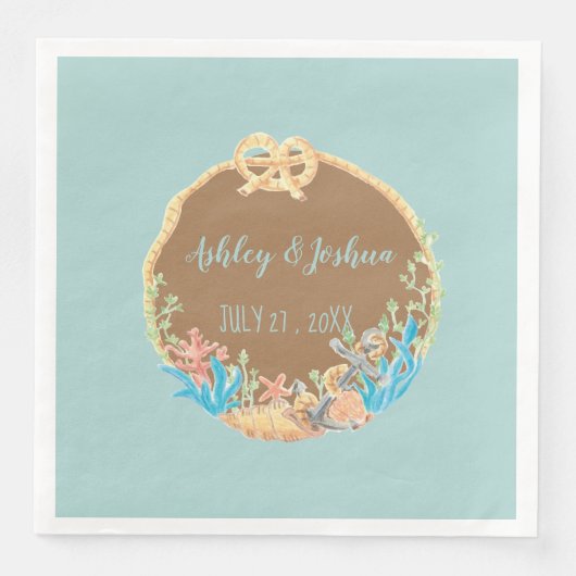 Blauw en Bruin Retro Beach Trouwpapier Servetten (Voorkant)