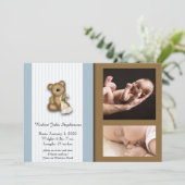 Blauw en Bruin Teddybeer Foto Baby Aankondiging (Staand voorkant)