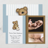 Blauw en Bruin Teddybeer Foto Baby Aankondiging (Voorkant / Achterkant)