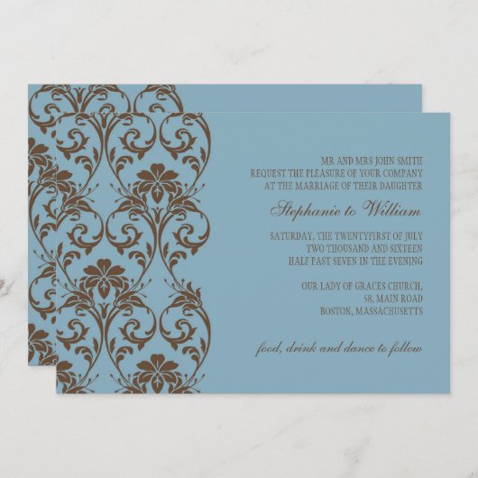 Blauw en Bruin Vintage Bruiloft Uitnodiging (Voorkant / Achterkant)