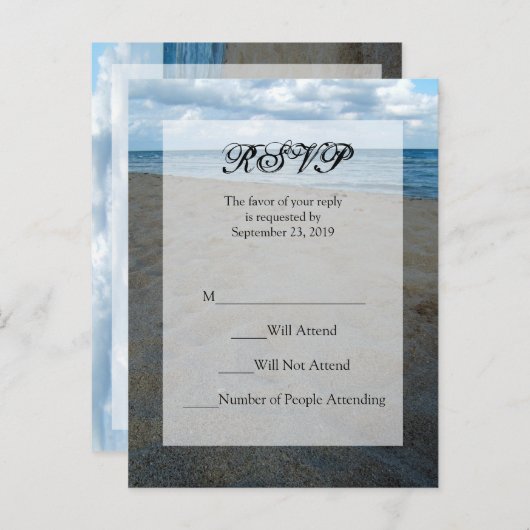 Blauw en Bruin Zanden ~ Strand Bruiloft RSVP Antwo Uitnodiging Briefkaart (Voorkant / Achterkant)