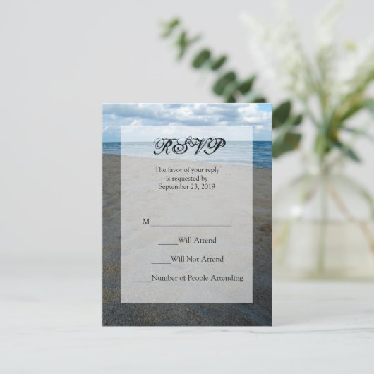 Blauw en Bruin Zanden ~ Strand Bruiloft RSVP Antwo Uitnodiging Briefkaart (Staand voorkant)