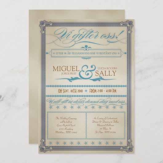 blauw en bruin Zweeds huwelijksuitnodiging Kaart (Voorkant / Achterkant)