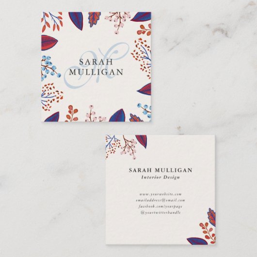 Blauw- en bruinblauw-bladmonogram vierkante visitekaartje (Voorkant / Achterkant)