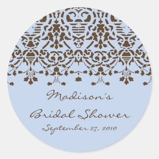 Blauw- en bruine-Damask-brideschower Ronde Sticker (Voorkant)