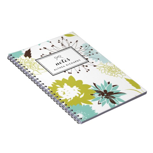 Blauw en Chartreuse Bloempatroon Gepersonaliseerd Notitieboek (Rechterzijde)