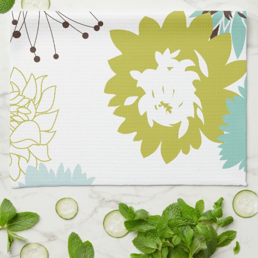 Blauw en Chartreuse Modern Bloempatroon Theedoek (Gevouwen)