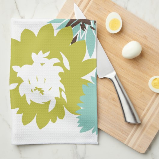 Blauw en Chartreuse Modern Bloempatroon Theedoek (Quarter Fold)