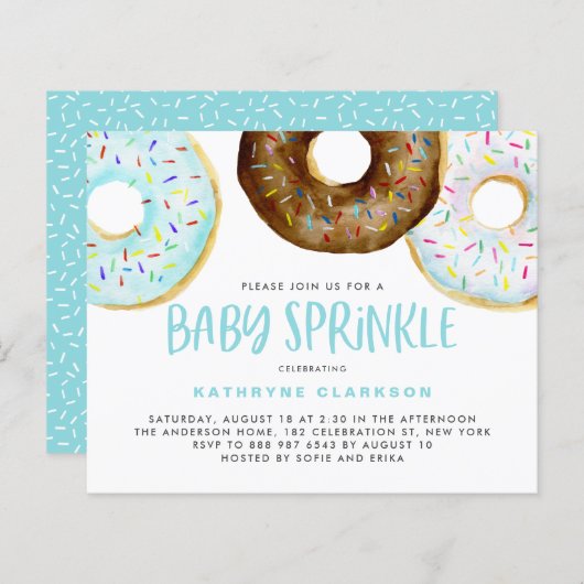 Blauw en chocolade Donuts Baby Sprinkle Invitation (Voorkant / Achterkant)