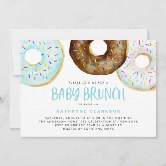 Blauw en Chocolade Sprinkle Donuts Baby Brunch Kaart (Voorkant)