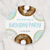 Blauw en Chocolade Sprinkle Donuts Verjaardagsfees Bedankjes Labels (Voorkant)