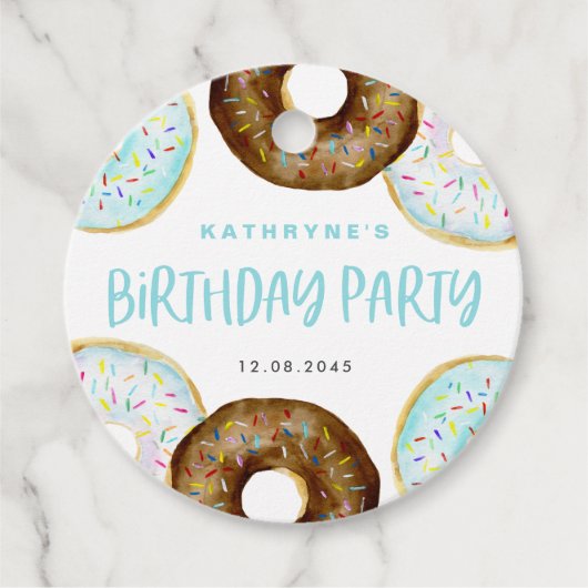 Blauw en Chocolade Sprinkle Donuts Verjaardagsfees Bedankjes Labels (Voorkant)