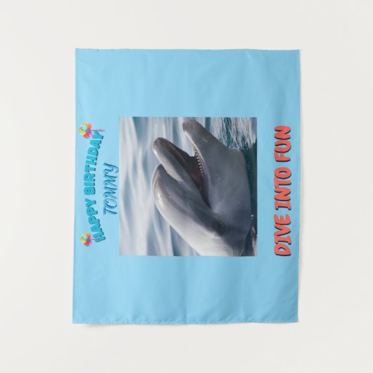 Blauw en Coral Dolphin Birthday Splash Wandkleed (Voorkant)