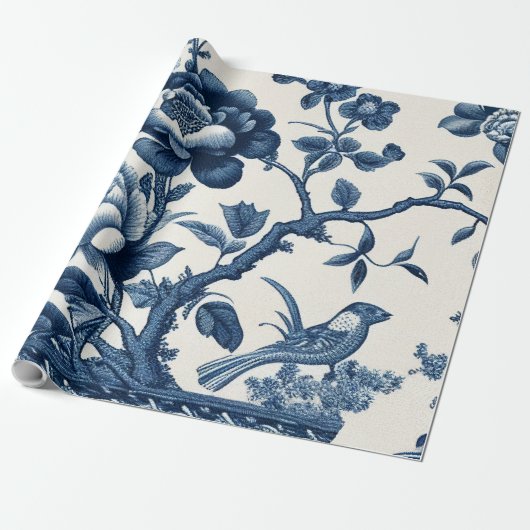 Blauw- en Cream Toile Cadeaupapier (Uitgerold)