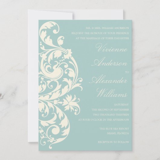  BLAUW- EN CREAMFLOURISH | AFBEELDINGSINVITATIE KAART (Voorkant)