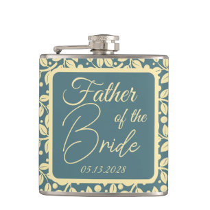 Blauw en Crème Blad Patroon Vader van de Bruid Heupfles