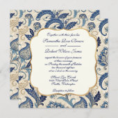 Blauw En Crème Bloemen Damask Wedding Kaart (Voorkant / Achterkant)
