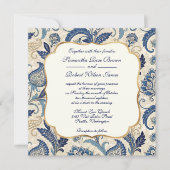 Blauw En Crème Bloemen Damask Wedding Kaart (Voorkant)