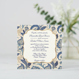  Blauw En Crème Bloemen Damask Wedding Kaart