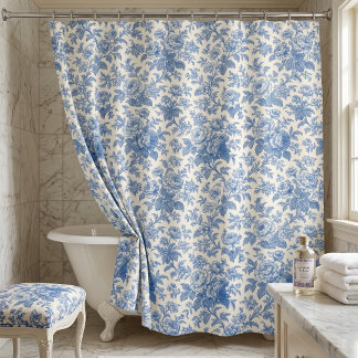 Blauw en Crème Bloemmotief Toile de Jouy Douchegordijn