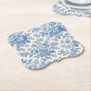 Blauw en Crème Bloemmotief Toile de Jouy Kartonnen Onderzetters