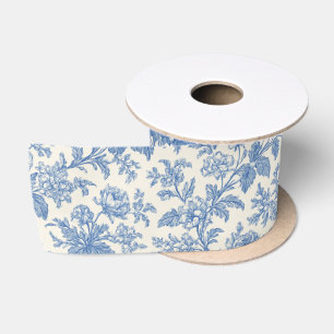 Blauw en Crème Bloemmotief Toile de Jouy Satijnen Lint