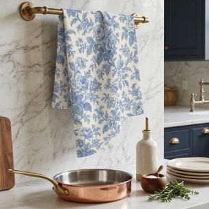 Blauw en Crème Bloemmotief Toile de Jouy Theedoek
