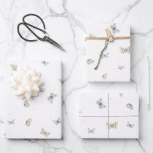 Blauw en Crème Butterflies Garden Fauna Wrapping  Inpakpapier Vel
