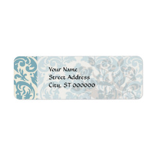 blauw en crème damasten bloemmotief etiket