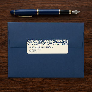 Blauw en crème Delft bloemrand retouradres Etiket