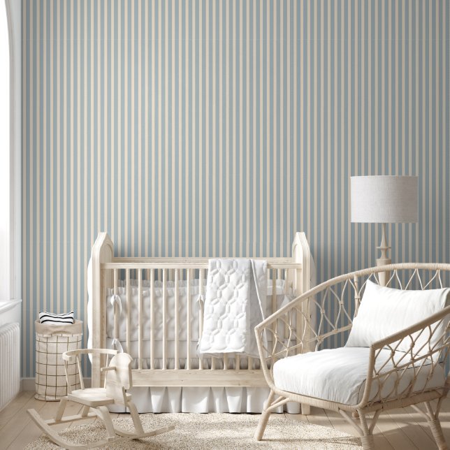 Blauw en Crème Gestreepte Babykamer Behang (Kinderen)