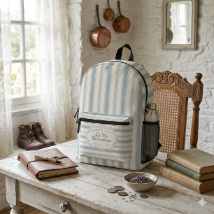 Blauw en Crème gestreepte Vintage Franse Landstijl Bedrukte Rugzak
