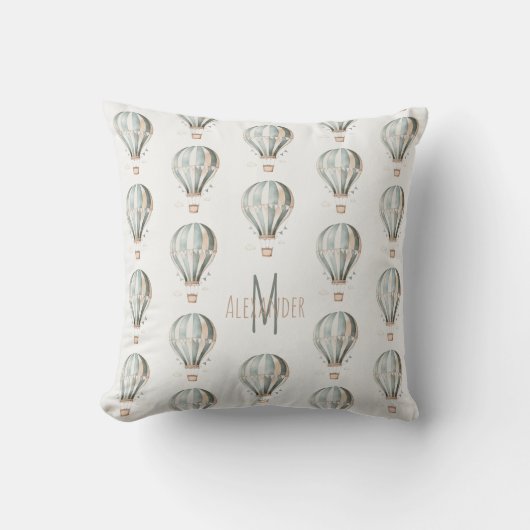 Blauw en Crème Hete Luchtballon Monogram Kussen (Voorkant)