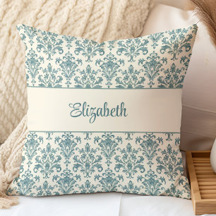 Blauw en Crème Kleur Vintage Damast Kussen