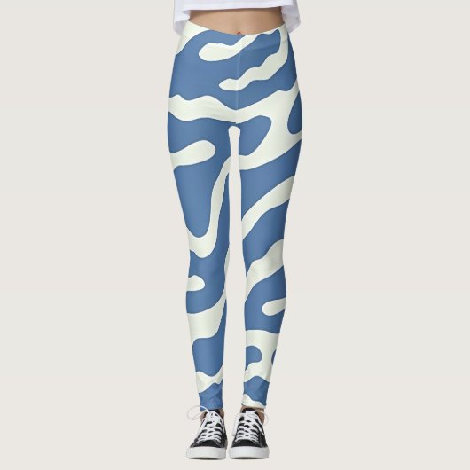 Blauw en crème Modern Abstract Wavy Lines Patroon Leggings (Voorkant)