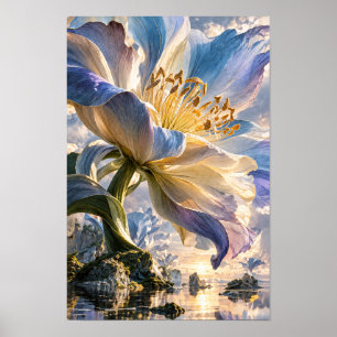 Blauw en Crème Reus Bloem Fantasie Landschap Muur Poster