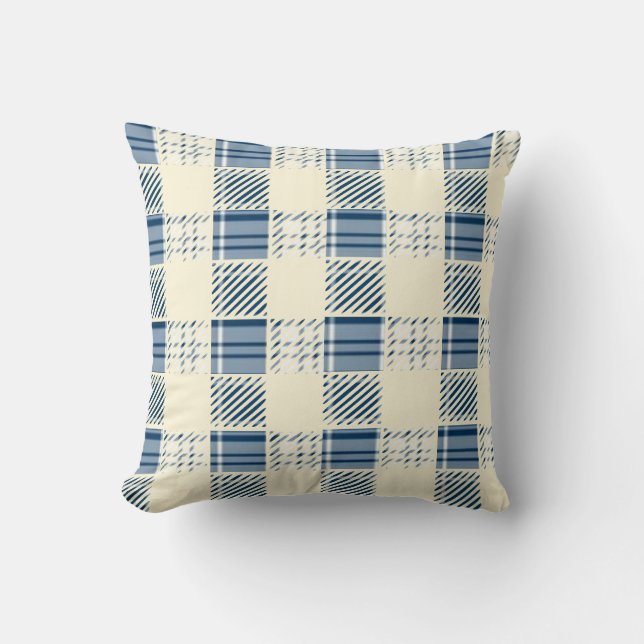 Blauw en Crème Schotse Ruit  Kussen (Voorkant)