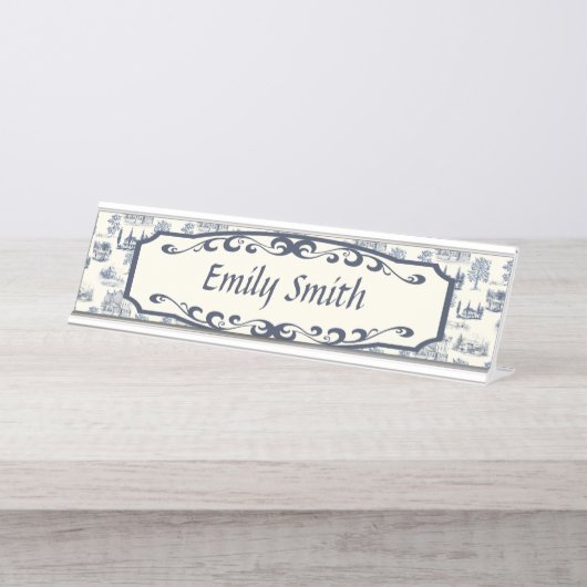 Blauw- en Creme-tegel Bureau Naambordje (Voorkant)