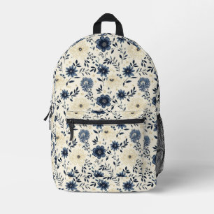 Blauw en Crème Volkskunst Bloemrijke Weide Bedrukte Rugzak